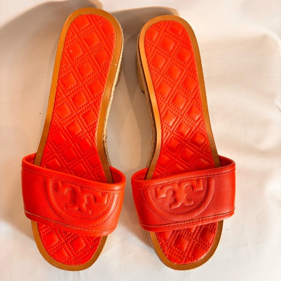 TORY BURCH Sz 9 Orange Espadrille Slides Slip On With a Block Heel - Picture 2 of 12